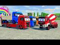 Transporting Huge Colorful Mixer Trucks With MAN Long Flatbed Trailer Truck on Farming simulator 22