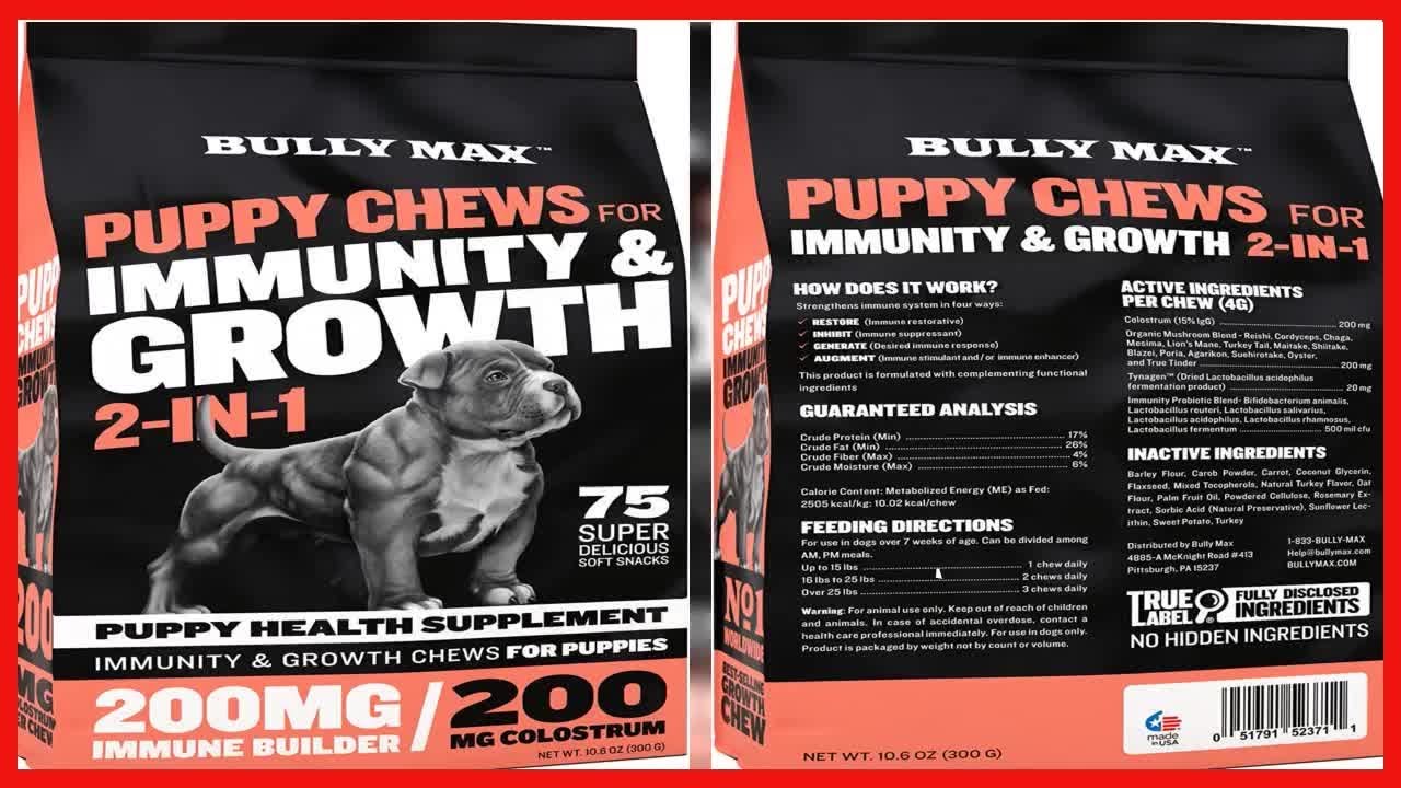 Bully Max 2-in-1 Puppy Chews for Immunity and Growth - for All Dog Breeds - Contains 14 Organic