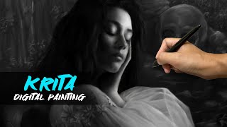 How to Paint Black & White Painting in Krita - Timelapse / Speed painting