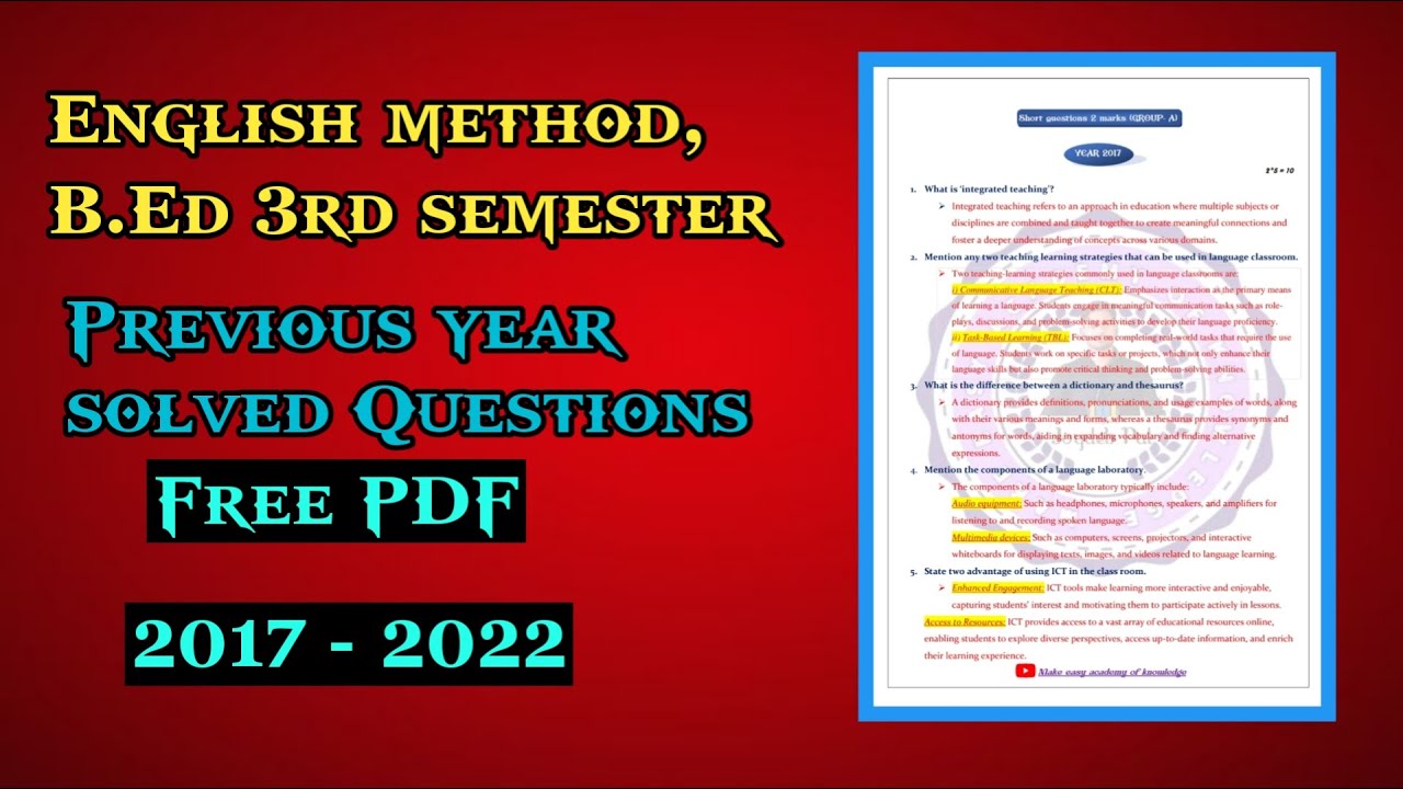 BEd 3rd Semester English Method Exam Previous Year Solved Question ...