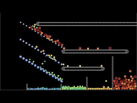 Rattling the sieves in a particle sorter avoids clogging
In the previous simulation https://youtu.be/ZA3gcbNm1l8 of a device sorting particles according to their size, particles sometimes got stuck in the sieves, resulting in other particles ending up in the wrong bin. This simulation implements a suggestion made by several viewers, which is to rattle the sieves in order to dislodge stuck particles.
The sorting set-up consists in three grids of obstacles with decreasing space between them, acting as particle sieves. The obstacles rotate and exert a tangential force on the particles, in order to decrease clogging of the sieves. The angular speed of the obstacles varies periodically in time, in order to reduce the chance of particles getting stuck. In addition, the obstacles have a circular motion of small amplitude, which reduces the chances of particles getting stuck even more. 
The conveyor belt effect results from the segments forming the belt exerting a tangential force on the polygons, in addition to the normal force. The tangential force is proportional to the difference between the tangential speed of the polygon and the speed of the belt. 
To compute the force and torque of polygon j on polygon i, the code computes the distance of each vertex of polygon j to the faces of polygon i. If this distance is smaller than a threshold, the force increases linearly with a large spring constant. In addition, radial forces between the vertices of the polygons have been added, whenever a vertex of polygon j is not on a perpendicular to a face of polygon i. This is important, because otherwise triangles can approach each other from the vertices, and when one vertex moves sideways, it is suddenly strongly accelerated, causing numerical instability. A weak Lennard-Jones interaction between polygons has been added, as it seems to increase numerical stability. 
Unlike in some previous videos involving interacting polygons, there is no thermostat in this simulation. Instead, friction forces (both linear and angular) have been added for numerical stability. In addition, the particles are subject to a gravitational force directed downwards. 
The color of the polygons depends on their size.
To save on computation time, particles are placed into a hash grid, each cell of which contains between 3 and 10 particles. Then only the influence of other particles in the same or neighboring cells is taken into account for each particle. 
The Lennard-Jones potential is strongly repulsive at short distance, and mildly attracting at long distance. It is widely used as a simple yet realistic model for the motion of electrically neutral molecules. The force results from the repulsion between electrons due to Paulis exclusion principle, while the attractive part is a more subtle effect appearing in a multipole expansion. For more details, see https://en.wikipedia.org/wiki/Lennard-Jones_potential
Render time: 50 minutes 22 seconds
Compression: crf 23
Color scheme: Turbo, by Anton Mikhailov
https://gist.github.com/mikhailov-work/6a308c20e494d9e0ccc29036b28faa7a 
Music: Parakeet by Quincas Moreira@UCL1zFMJb0sthwdAlGjGbdy
Current version of the C code used to make these animations: 
https://github.com/nilsberglund-orleans/YouTube-simulations
https://www.idpoisson.fr/berglund/software.html
Some outreach articles on mathematics:
https://images.math.cnrs.fr/auteurs/nils-berglund/
(in French, some with a Spanish translation)
#molecular_dynamics #polygons #conveyor  Rattling the sieves in a particle sorter avoids clogging