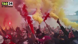 Europa League 2024 Roma - Bayer Leverkusen l'arrivo del pullman giallorosso tra cori e fumogeni