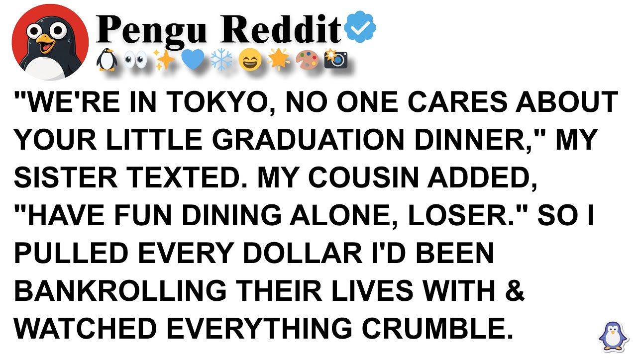 WE'RE IN TOKYO, NO ONE CARES ABOUT YOUR LITTLE GRADUATION DINNER, MY SISTER TEXTED  MY COUSIN ADDED,