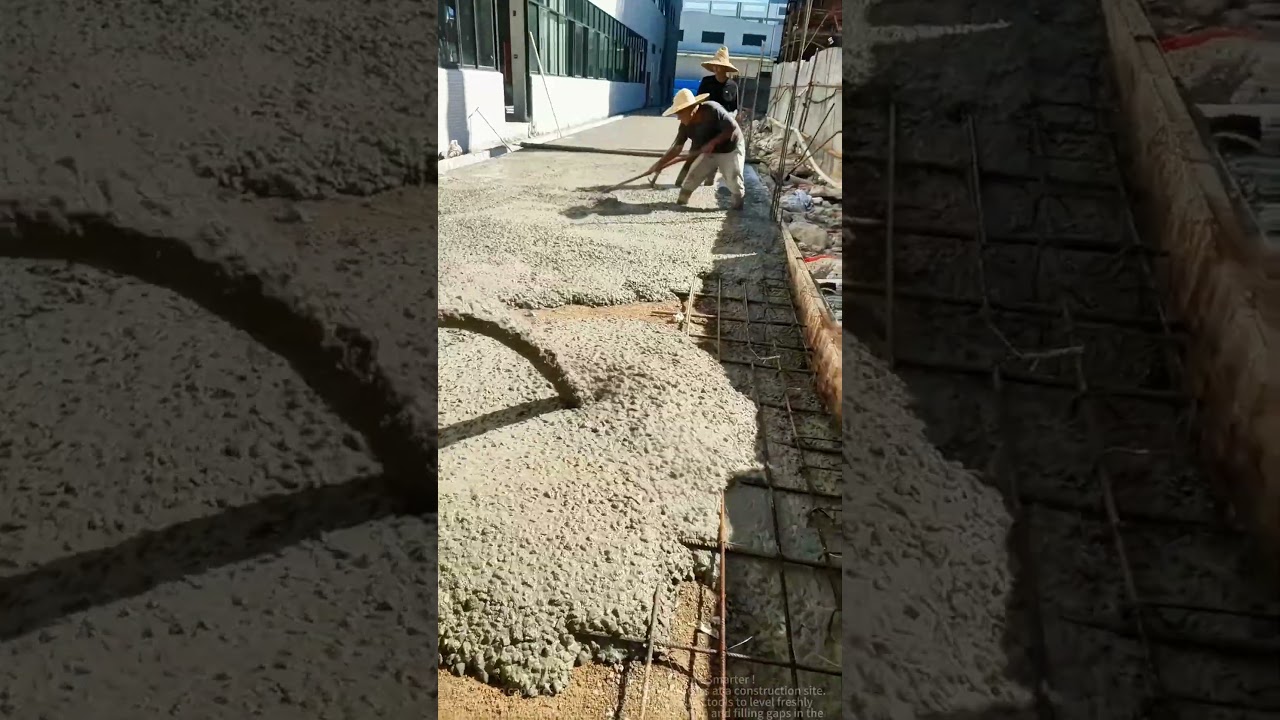 Concrete Pouring Site: Workers Using Tools to Level Freshly Poured Cement Slab