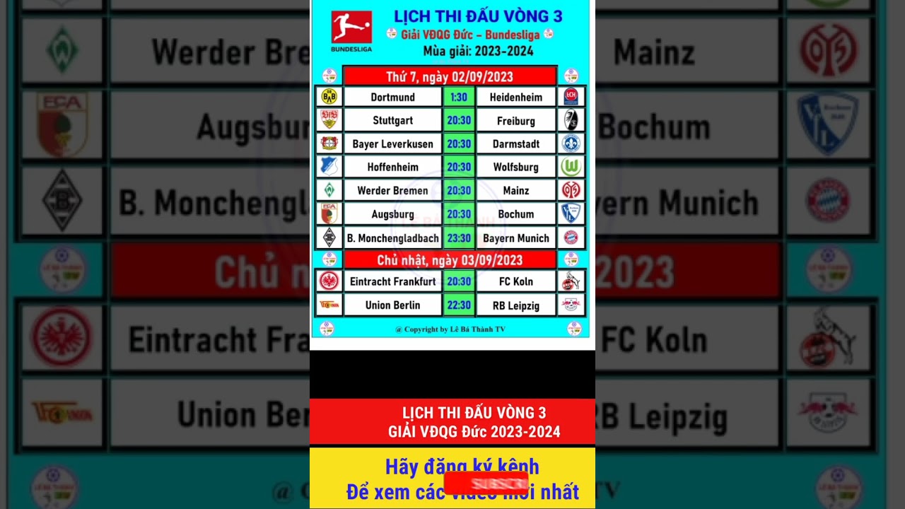 Lịch thi đấu vòng 3 giải VĐQG Đức 2023-2024 