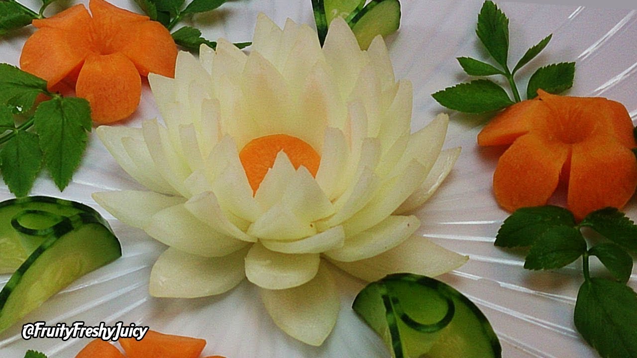 Onion Lotus Carved with Carrot Plumeria & Cucumber Garnish Making