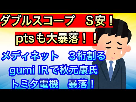 ダブルスコープS安！ptsも大暴落！！メディネット3桁から落ちた！【gumi IRで秋元康氏•トミタ電機暴落！•プレイド•アイスタイル下げ】