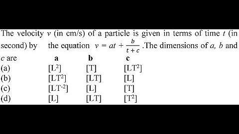 The velocity v (in cm/s) of a particle is given in terms of time t (in