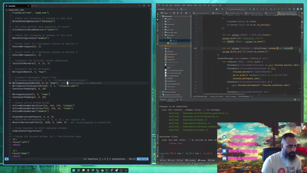 Komorebi tiling window manager development: Ultrawide monitor livestreaming config  + lint fixing