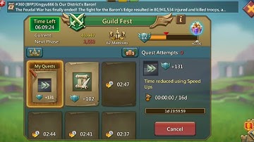 Lords Mobile Guild Fest time reduce using speed up 16 days