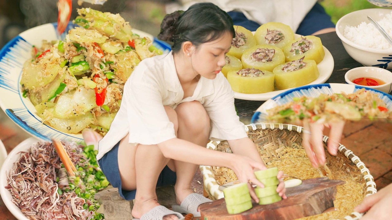 Harvesting Winter Melon, Making Dishes from Winter Melon: Braised Pork Ribs and Stuffed Meat