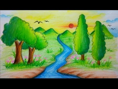 วาดรูปธรรมชาติ ||สีไม้ Ep 28 How To Draw Scenery Of Nature Step By Step -  Youtube