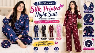 2 Pcs Women’s Silk Printed Night Suit | Butterfly Print Sleepwear With Hair Scrunch  screenshot 5