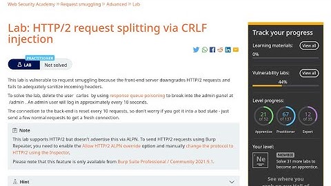 Web Security Academy | Request Smuggling | 14 - HTTP/2 Request Splitting via CRLF Injection