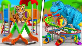 Juego de resbaladilla larga con dinosaurio, león, vaca, hipopótamo y gorila, juego de animales en... screenshot 3