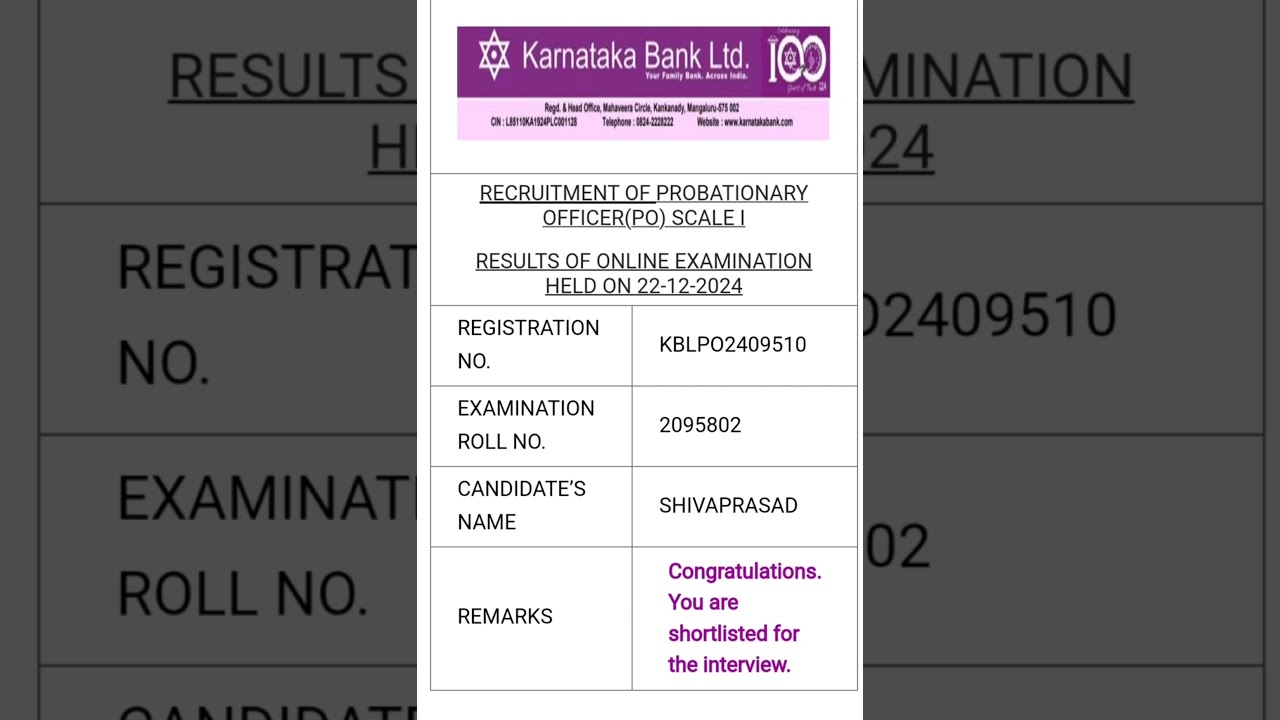 KARNATAKA BANK PO RESULT RELEASED
