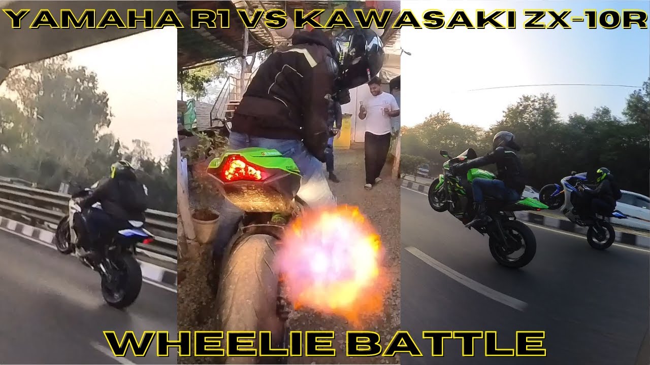 Zx10R vs R1 Wheelie Battle Fire flame battle Yamaha R1 Vs Kawasaki