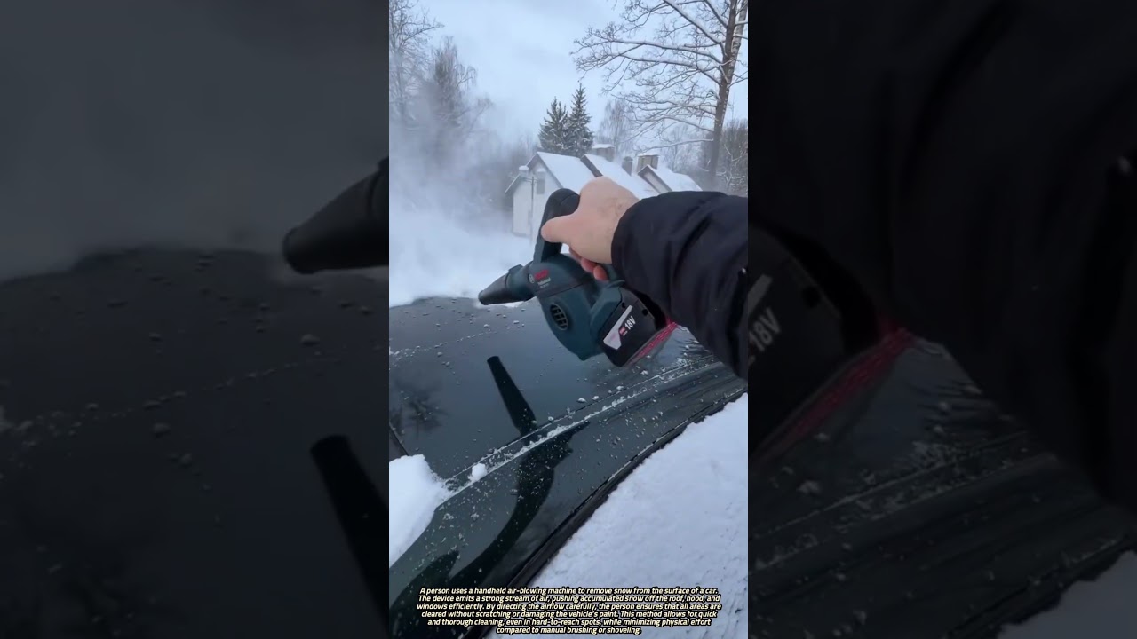 Removing Snow from a Car Using a Handheld Air-Blowing Machine in a Safe and Efficient Way