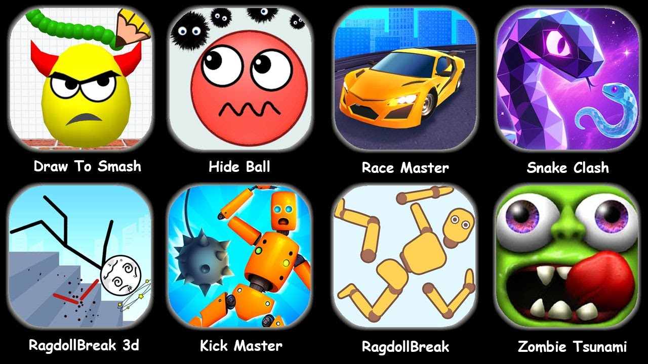 Draw To Smash,Hide Ball,Snake Clash,Race Master,Kick Loser,Ragdoll Break,Freaky Stan