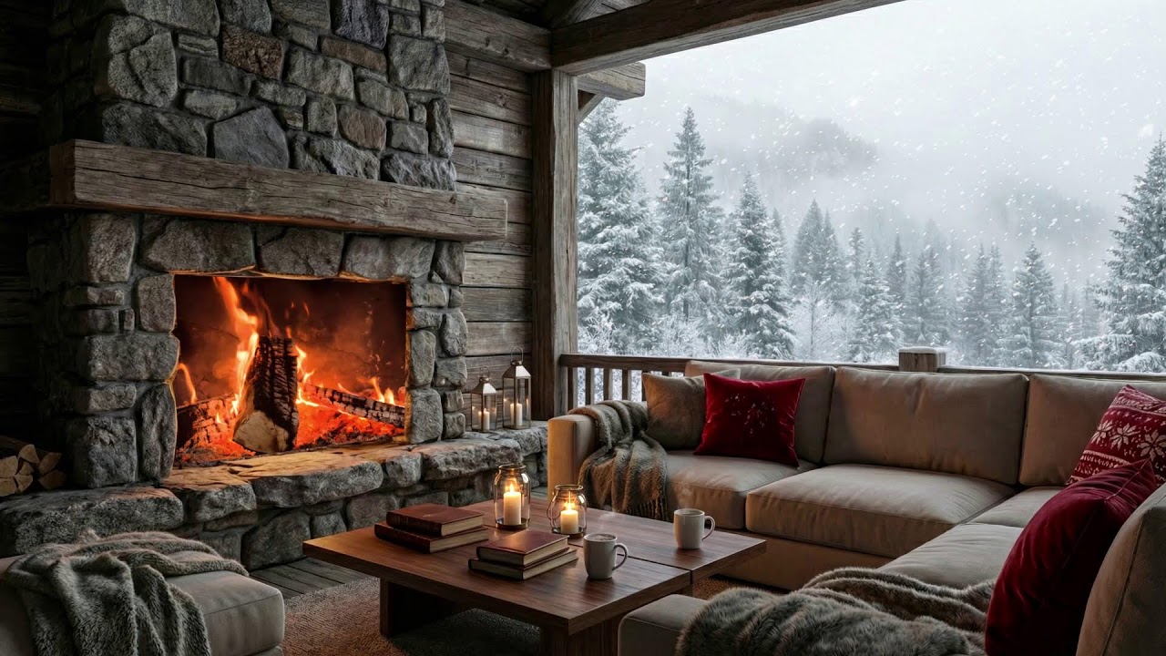 Frozen Lake Cabin ❄️ Soft Jazz Piano & Fireplace Ambience for Focus and Sleep