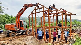 Use Big Excavator To Build Wooden House - Building Stilt Wooden House, Palm Leaf Roofing