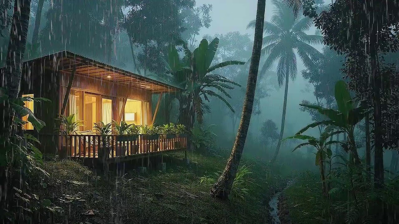 Fall Asleep Fast in a Tropical Cabin with Hard Rain & Thunder 🌴 Rain Sounds For Sleeping 🌧