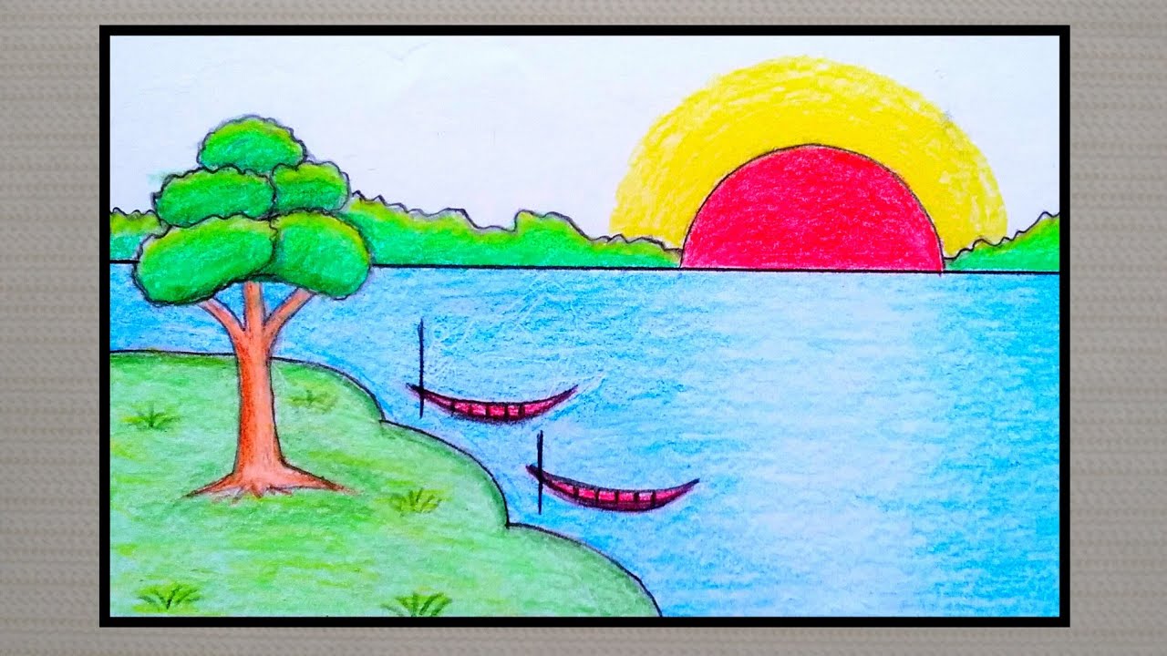 Easy village scenery drawing with colour ⚘ scenery colour drawing - YouTube