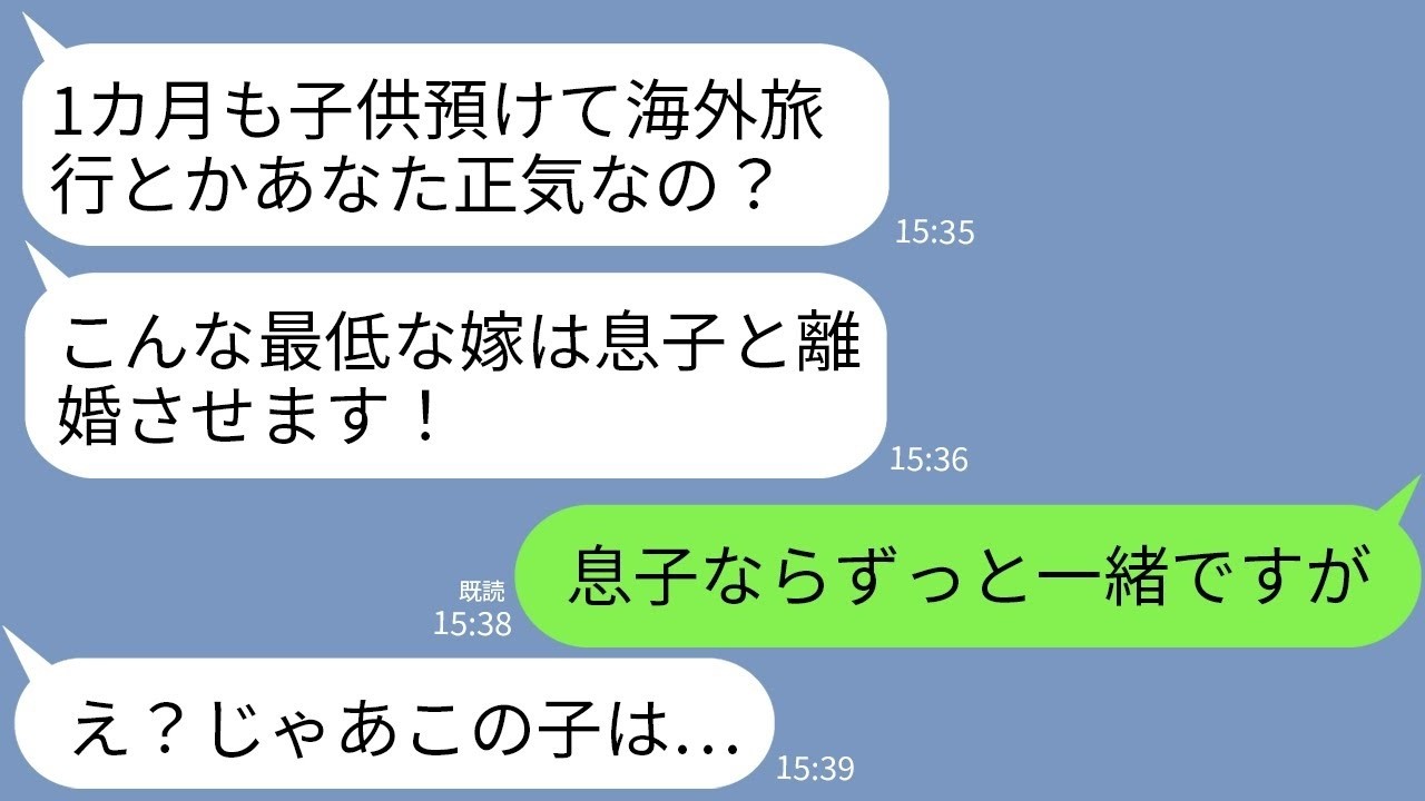 【LINE】海外旅行中の私に義母から怒りの連絡「1カ月も子供預けて遊ぶとか最低な母親ね！」私「息子なら一緒ですが」→預かっていた子供の正体を知って義母が震え上がるwww