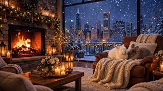 Crackling Fireplace and Gentle Snowfall Ambience | Winter Sounds for Deep Sleep and Stress Relief