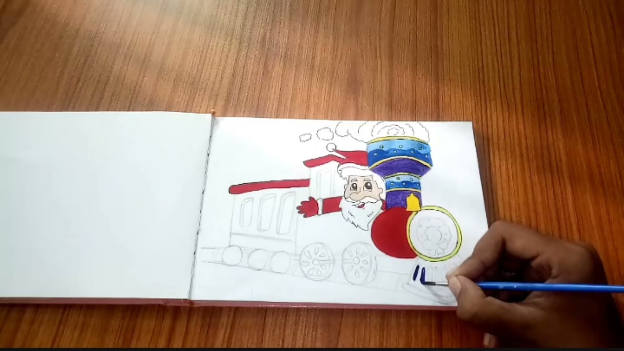 santa on train with watercolour