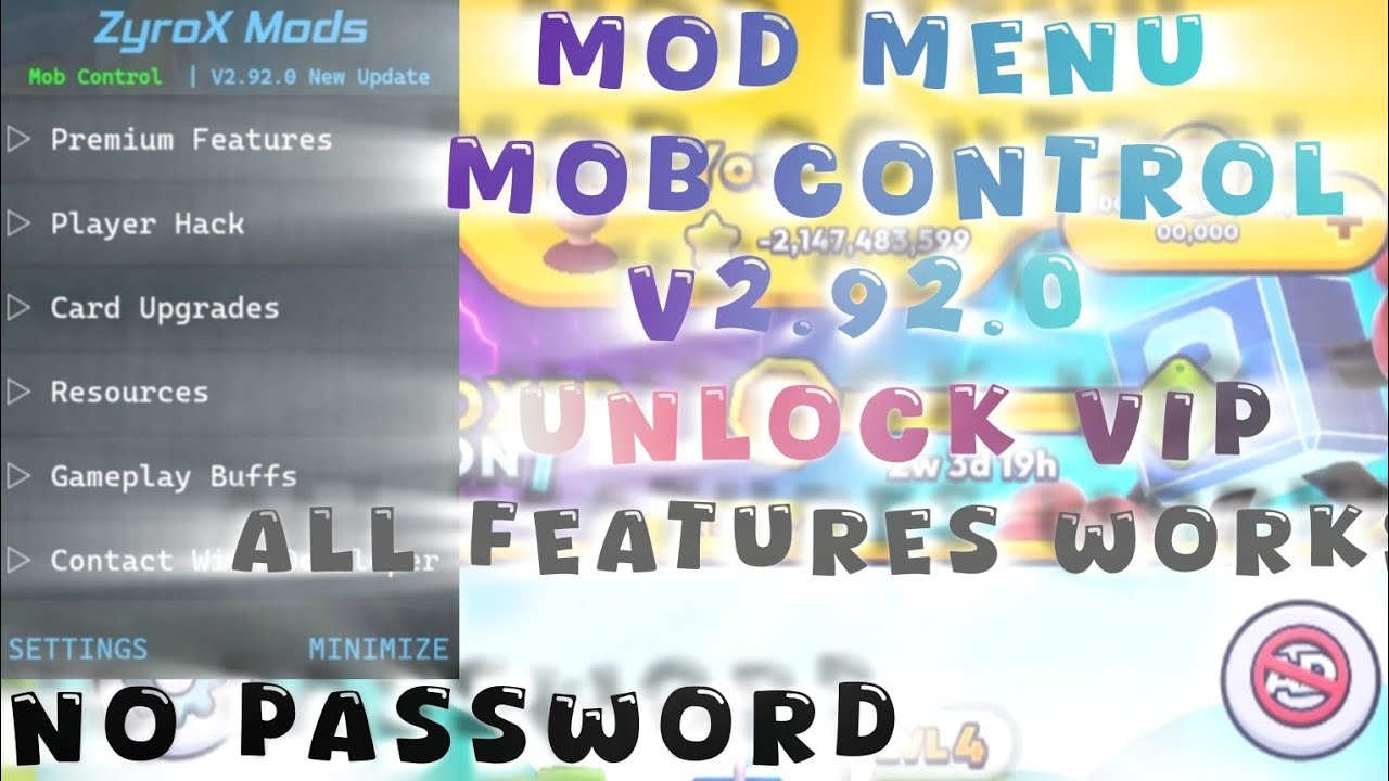 MOD MENU MOB CONTROL V2.92.0 || UNLOCK VIP MAX LEVEL CARDS NO ADS || NO PASSWORD 