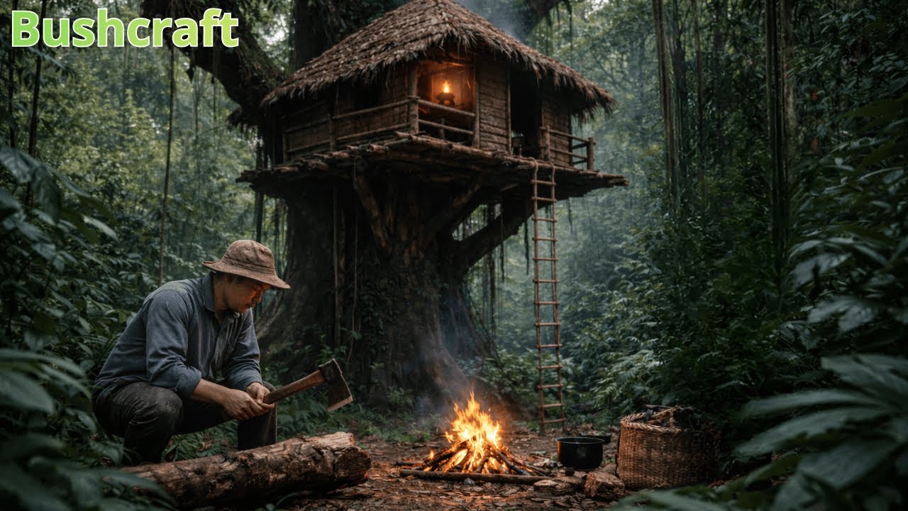 Building a Wooden Survival Shelter Deep in the Rainforest | Bushcraft Skills