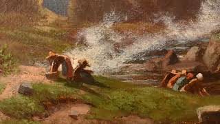 DIPINTI ANTICHI, QUADRI PAESAGGI CON LAVANDAIE E FIUME, OLIO SU TELA, DELL 800. (QP739)