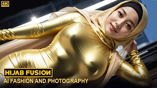 [4K] Futuristic Gold Dress Fashion Show Hijab AI Lookbook - Hijab Fusion #Exclusive