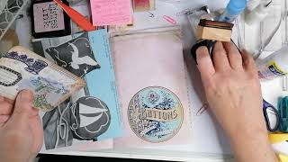 Making a sewing journal - part 5 - carrying on with sticking in the ephemera and stencilling pages