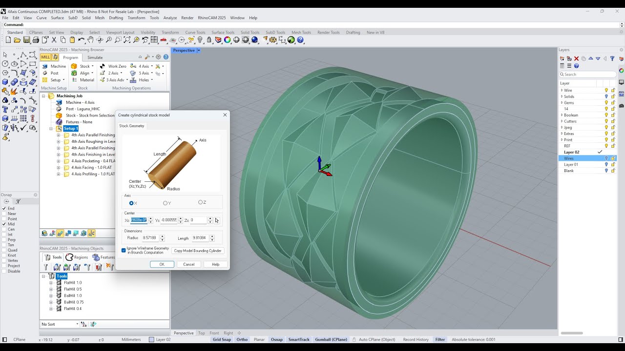 Определение запасов для непрерывной 4-осевой сборки RhinoCAM