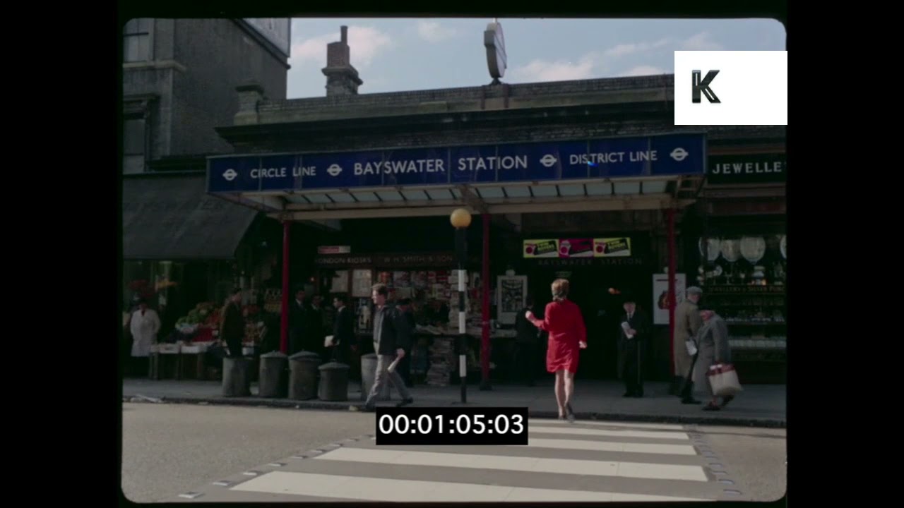 1960s London, Woman Crossing Road to Bayswater Underground Station, 35mm