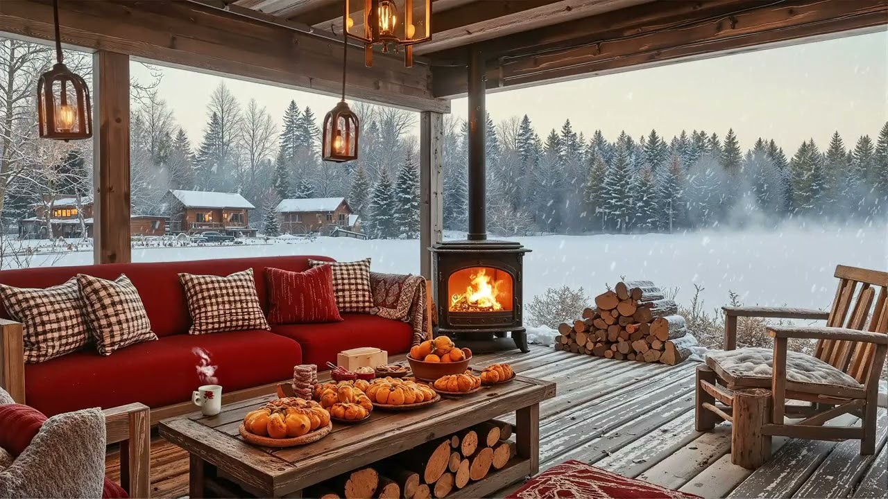 Cozy Winter Porch Jazz ❄️ Snowfall Ambience, Fireplace Warmth & Relaxing Smooth Jazz