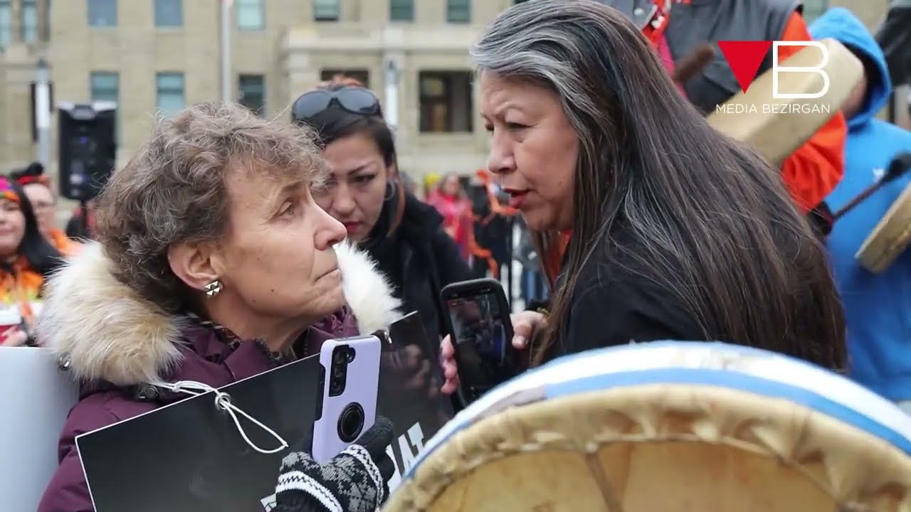 “Get out of here!” Indigenous crowd surrounds counter-protester, demanding that she leave 
