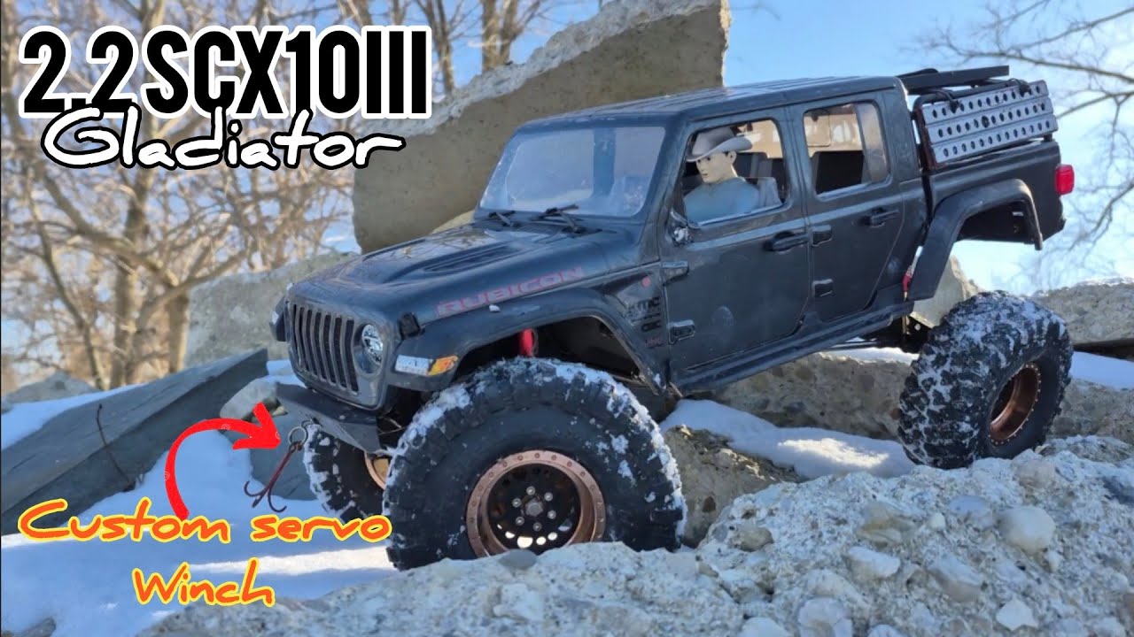 Custom servo winch mount on 2.2 Axial scx10iii jeep gladiator first test!