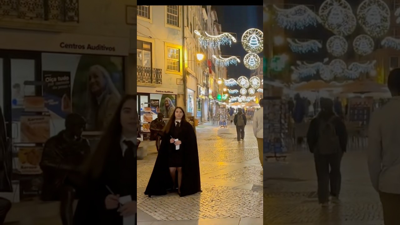 Спокойная и расслабляющая ночная пешеходная экскурсия по городу Коимбра, Португалия. В 4K 