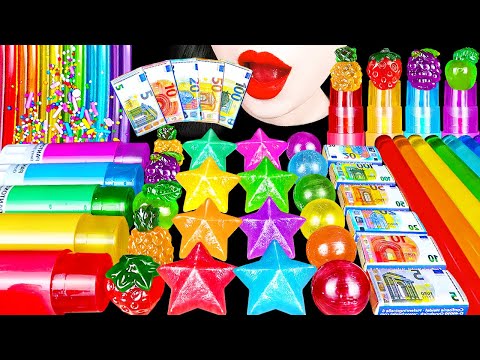 <strong>ASMR</strong> RAINBOW EDIBLE GLUE, <strong>STAR</strong> KOHAKUTO, JELLY NOODLES 무지개 디저트 *레인보우 먹는 풀 하우스 캔디 별 코하쿠토 MUKBANG 먹방