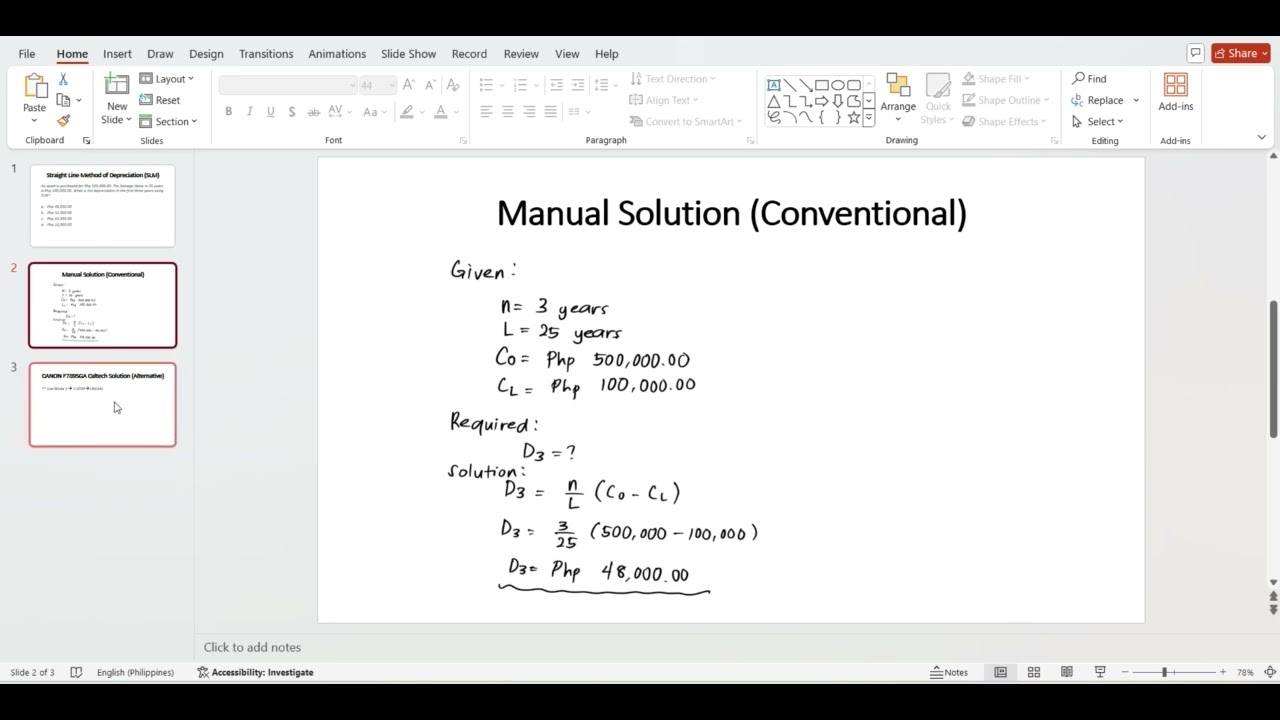 CANON F789SGA CALCULATOR TECHNIQUE FOR STRAIGHT LINE METHOD OF DEPRECIATION  - ENGINEERING ECONOMY