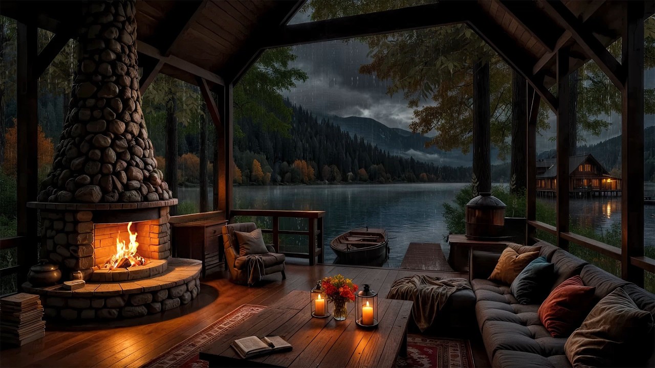 Cozy Lakeside Balcony in the Rain 🌧️🔥 Soft Thunder & Rain Sounds for Sleeping & relaxing