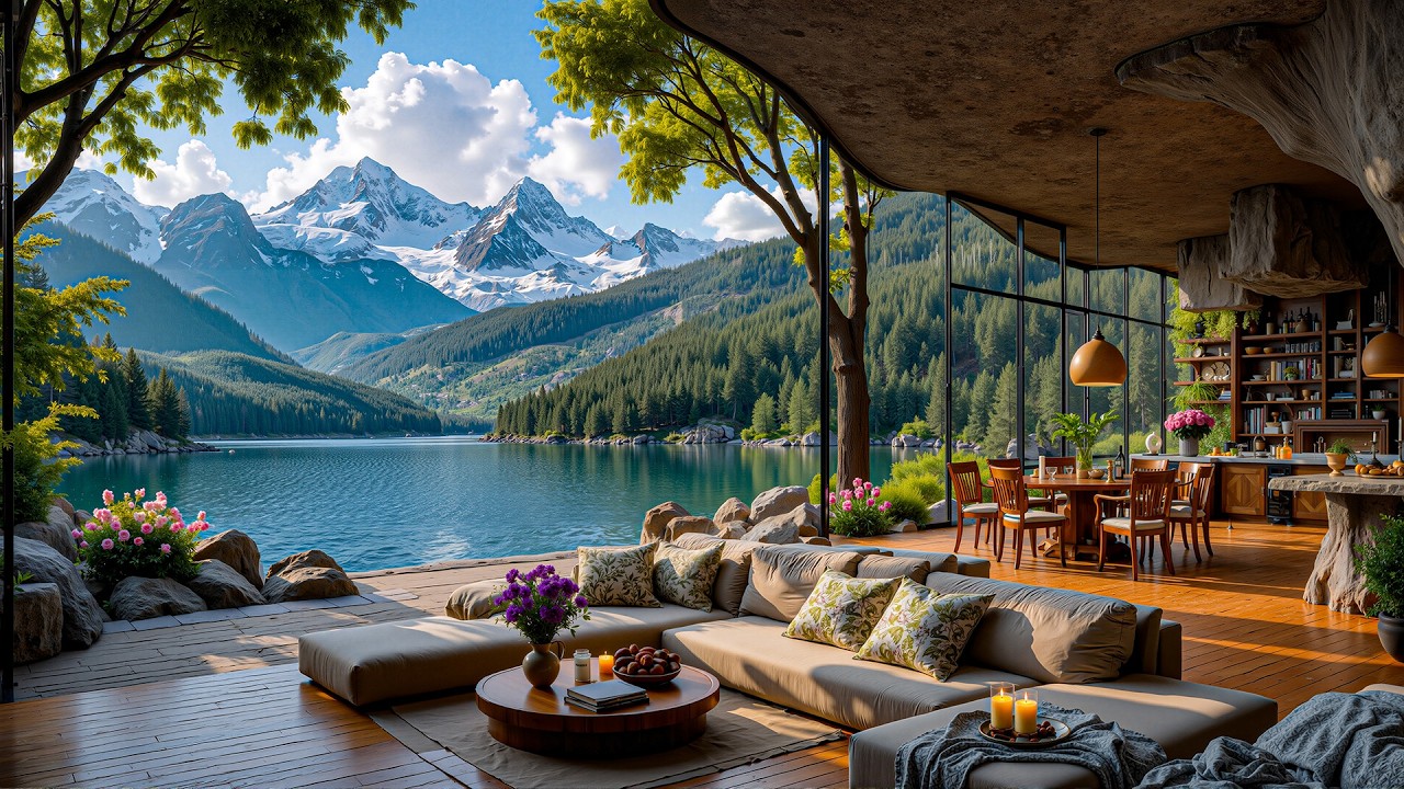 Relaxing Jazz Music And A Spring-Themed Lakeside Living Room – Soothing Jazz For Studying, Working