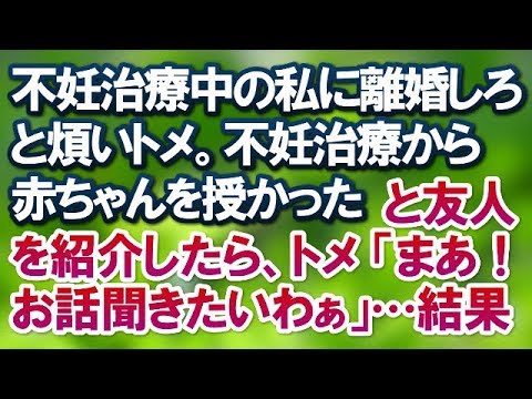 【スカッとする話】不妊治療中の私にカoワ、離婚しろのテンプレトメ。不妊治療から赤ちゃんを授かったと友人を紹介したら、トメ 「まあ！お話聞きたいわぁ」…　　→結果ｗｗ【スカッと便り】