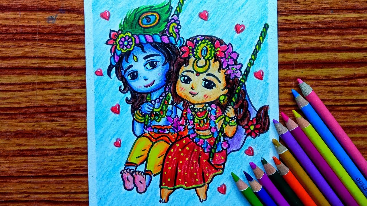 Cute 🥰 RadhaKrishna on Swing drawing tutorial easy step by step ...