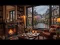 Serene May Coffee Shop Ambience ☕ Mellow Jazz Piano &amp; Rains, Fireplace Ambience for Calm Evenings