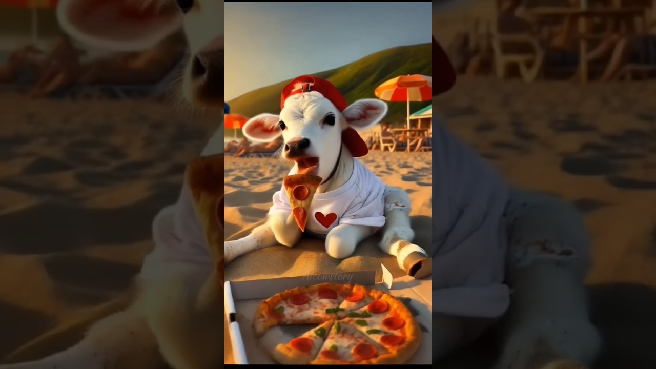 The poor cow went to eat pizza 