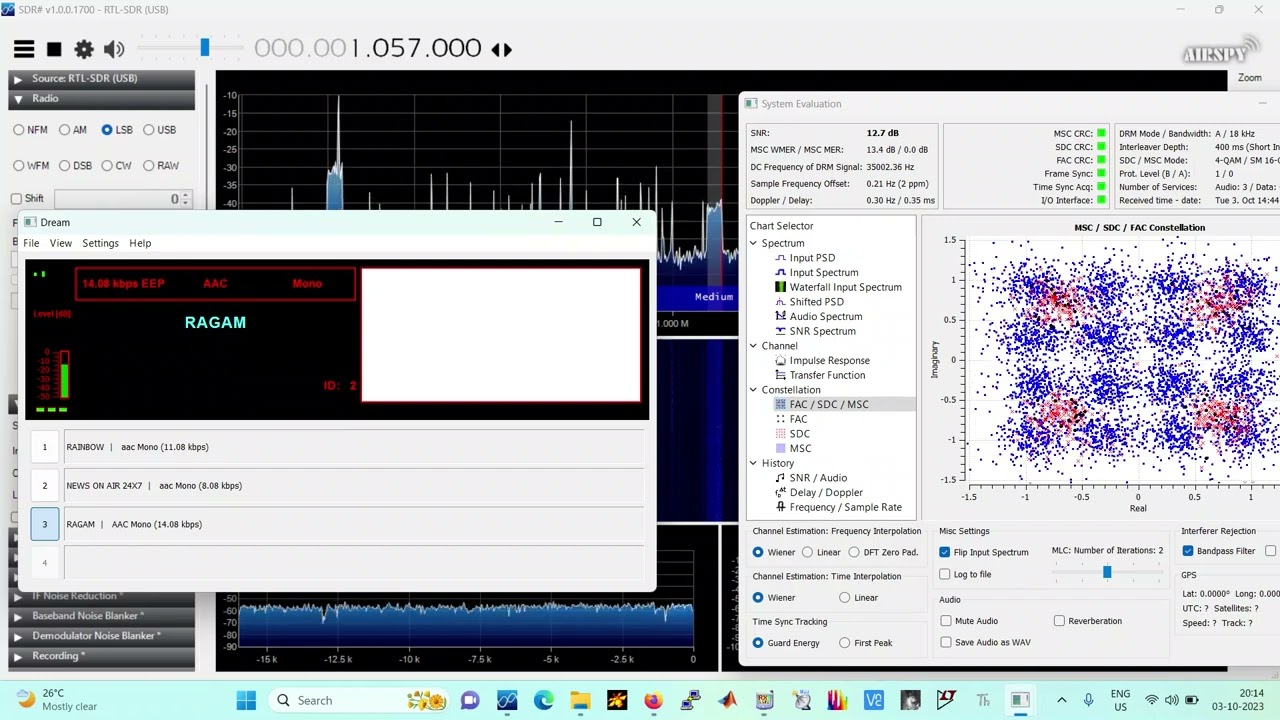 DRM broadcast reception using V-dipole (VHF), RTL-SDR, and DReaM decoder